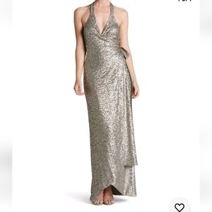 HP!!! Dress The Population Silver/Platinum Sequin Giselle Wrap Halter Maxi Gown
